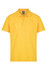 A yellow polo shirt with a collar and button placket, featuring a logo on the label.