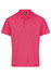 A pink polo shirt featuring a collar and three buttons, with a logo on the label.