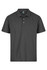 A dark grey polo shirt with a standard collar and three-button placket. It features a logo on the label.