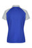 A polo shirt featuring a blue body with grey sleeves and a logo on the back.
