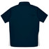 A navy blue polo shirt with white side panels and a collar, featuring a logo on the back.