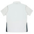 A men's polo shirt in white with dark green side panels and a collar, featuring a logo on the front.
