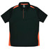 A dark green polo shirt with orange accents and a collar, featuring a logo on the chest.