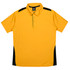 A yellow polo shirt with black accents, featuring a collar and three buttons, and a logo on the label.