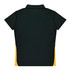 A green polo shirt with yellow side panels and a classic collar, featuring a logo on the back.