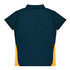 A dark green polo shirt with yellow side panels and a collar, featuring a logo on the back.