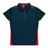 A navy blue polo shirt with red accents and a collar, featuring buttons and a brand logo.