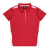 A red polo shirt featuring white side panels and a collar, with a logo on the neckline.