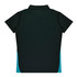 A dark green polo shirt featuring a blue side panel and a collar, with a logo on the chest area.
