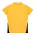 A yellow polo shirt with black side panels and a collar, featuring a logo on the design.