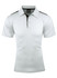 A white polo shirt with black detailing on the shoulders and a collar, featuring a logo on the front.