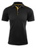 A black polo shirt with a yellow accent on the collar, featuring a logo on the chest.