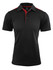 A black polo shirt with red accents, featuring a collar and button placket. Includes branding.