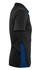 A black polo shirt with blue detailing, featuring a collar and short sleeves. It has a logo on one side.
