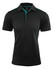 A black polo shirt featuring teal detailing and a collar, with a logo on the upper area.