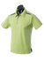A lime green polo shirt with a collar and short sleeves, featuring blue accents and a logo.