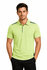 A light green polo shirt with a collar, featuring a logo and contrasting navy accents on the shoulders.