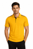A yellow polo shirt featuring black accents, displayed on a male model with a relaxed pose.