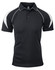 A black polo shirt with white accents and a logo on the chest, featuring a classic collar and short sleeves.
