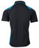 A black polo shirt with turquoise accents and a logo on the back.