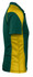 A green and yellow polo shirt with a side view, featuring a logo on the chest area.