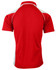 A red polo shirt with white accents and a logo on the back.