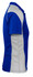 A side view of a blue and grey polo shirt featuring a logo. The design includes contrasting panels.