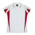 A polo shirt in white with red accents and a logo on the chest, featuring a classic collar and short sleeves.