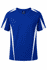 A blue men's T-shirt with white accents and a branding logo. Short sleeves and a round neckline.
