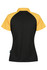 A black and yellow polo shirt featuring a sporty design with short sleeves and a collar, showcasing a logo.