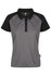 A black and grey polo shirt featuring a collar and button placket, suitable for casual wear. It includes a branding logo.