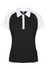 A black polo shirt with white sleeves and a collar, featuring a brand logo on the side.