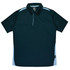 A dark navy polo shirt with light blue accents and a collar, featuring a logo on the neckline.