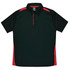 A black polo shirt with red accents, featuring a collar and a logo on the neckline.