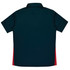 A dark blue polo shirt with red side panels and a collar. Features a logo on the upper left side.