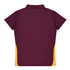 A maroon polo shirt with yellow side panels and a collar, featuring a branded logo.