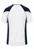 A polo shirt featuring a white body with navy blue side panels and a logo on the front.