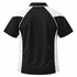 A black polo shirt with white panels on the sides and a collar. The back view highlights the design and colour contrast.