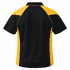A black and yellow polo shirt featuring a contrast design and a logo on the front.