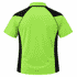 A bright green polo shirt featuring black accents on the sides and back. It has a solid design and a collar.