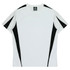 A white T-shirt with black accents on the sides and a logo on the label.