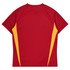 A red t-shirt with yellow side panels and a simple design, featuring a logo on the back.