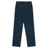 Flat front men's pants in a dark navy colour, featuring pockets and a waistband with a logo.