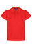 A red polo shirt for kids with a collared neck and two buttons, featuring a logo.