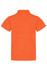 An orange polo shirt with a classic collar and short sleeves, featuring a logo on the back.