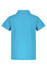 A turquoise polo shirt for kids with a classic collar and short sleeves. The back is plain and features a logo.