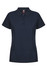 A navy polo shirt with a classic collar and short sleeves, featuring a logo on the tag.