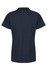 A navy blue polo shirt with a collar and a logo on the back, featuring short sleeves.