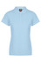 A light blue polo shirt featuring a collar and five buttons, with a logo on the label.