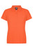 An orange polo shirt with a collared neckline and three buttons, featuring a brand logo on the label.